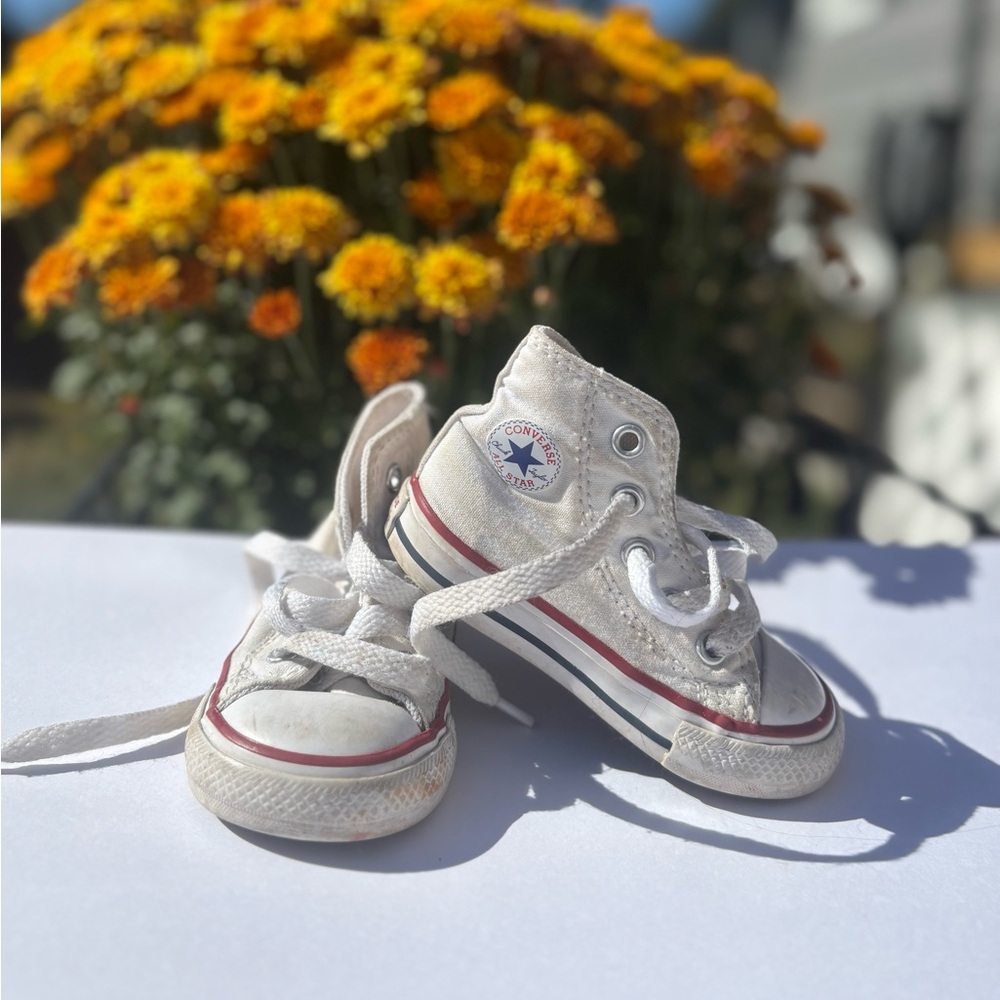 Converse Cream High-Tops with Red and Blue Accents